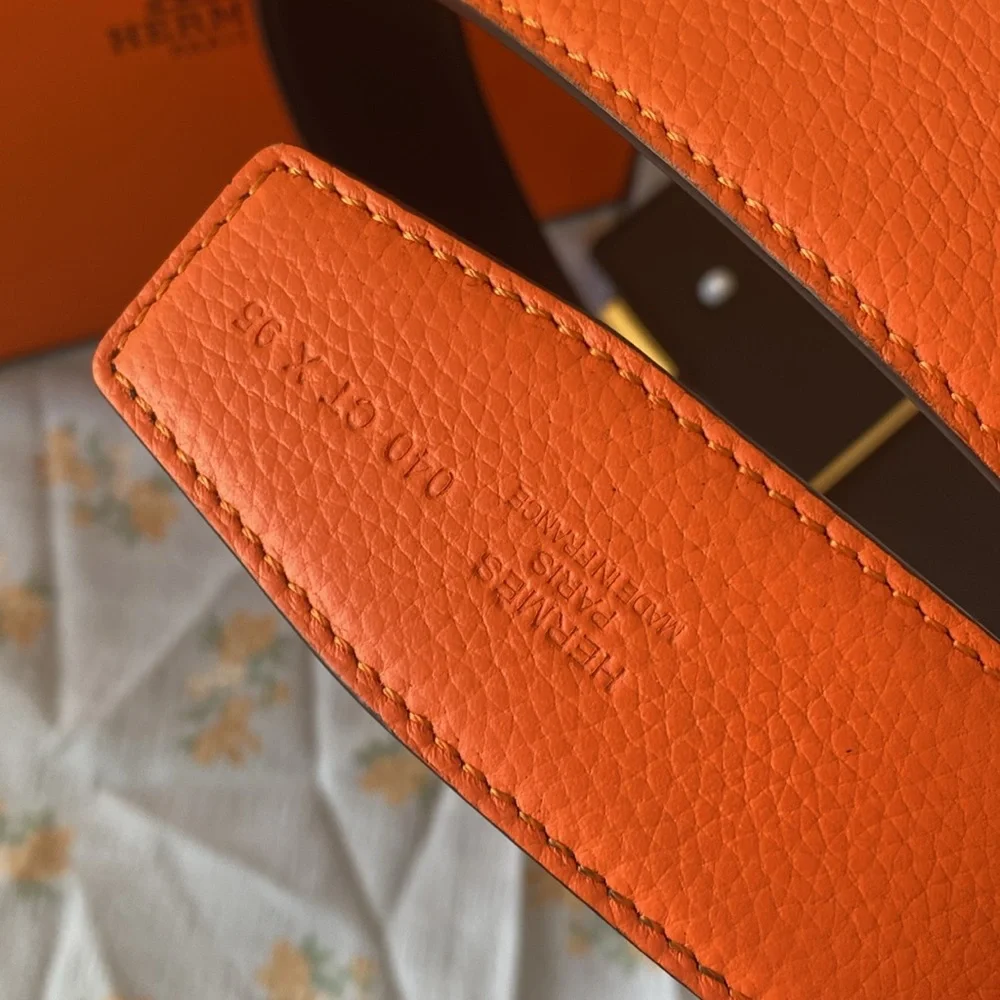 Double Sided Belt Metal Belt H Buckle Hermes Orange/Black